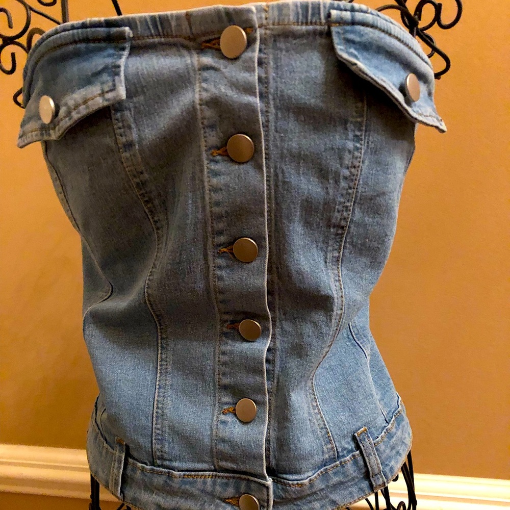 Flap Pocket Botton Denim Tube Top, Plus Size 1XL